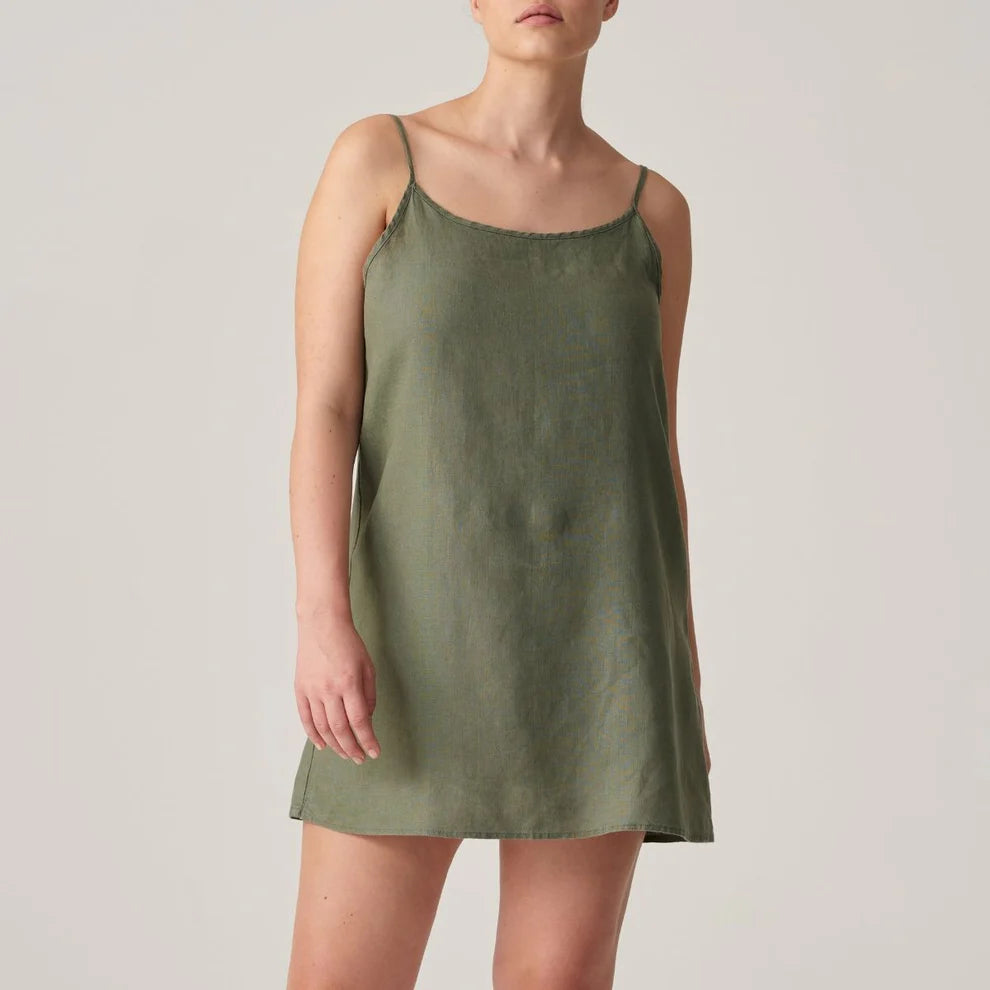 100% Linen Slip Dress in Khaki