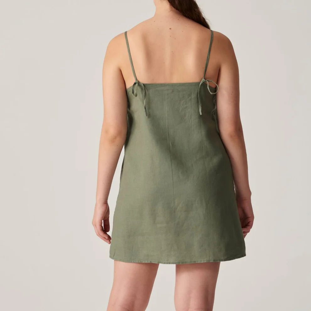 100% Linen Slip Dress in Khaki